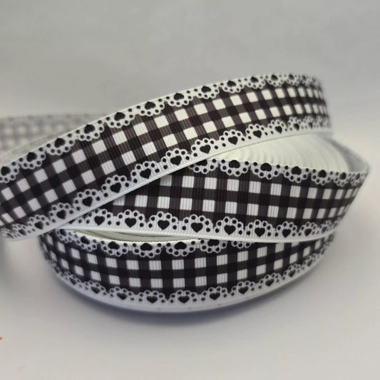 Grosgrain Ribbon 25mm 1inch Ribbon - Heart edge gingham - Black