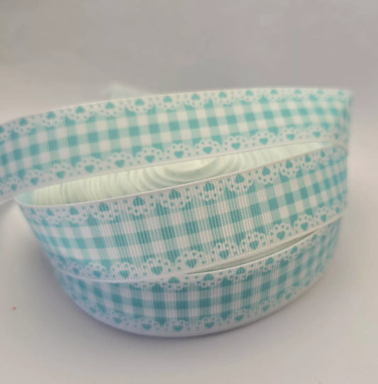 Grosgrain Ribbon 25mm 1inch Ribbon - Heart edge gingham - Aqua