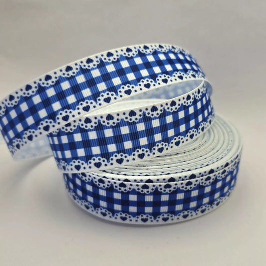 Grosgrain Ribbon 25mm 1inch Ribbon - Heart edge gingham - Bright Blue