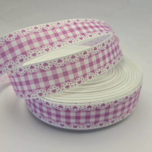 Grosgrain Ribbon 25mm 1inch Ribbon - Heart edge gingham - Purple