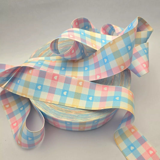 Double Sided Stiff 38mm 1.5inch Ribbon - Pastel check with white hearts