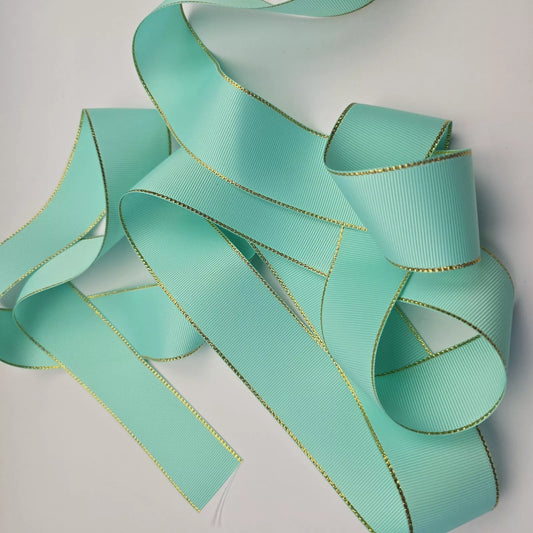 Grosgrain Ribbon 38mm 1.5inch Ribbon - Gold Edged - Aqua