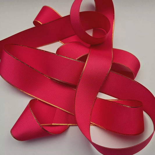 Grosgrain Ribbon 38mm 1.5inch Ribbon - Gold Edged - Dark Pink