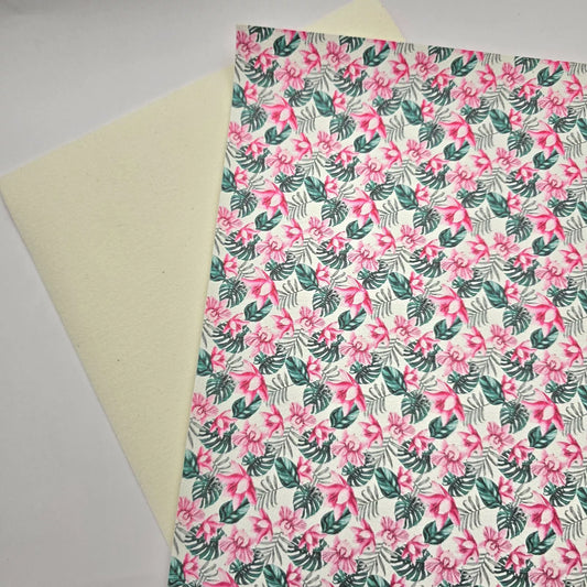 Hair Bow Making Fabric. Faux Leather. Pink floral and leaf Print.