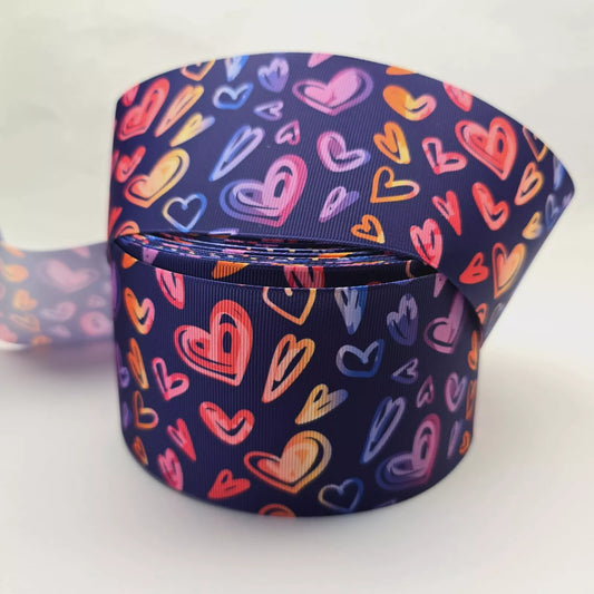 Grosgrain Ribbon 75mm 3inch Ribbon - Rainbow hearts on Navy