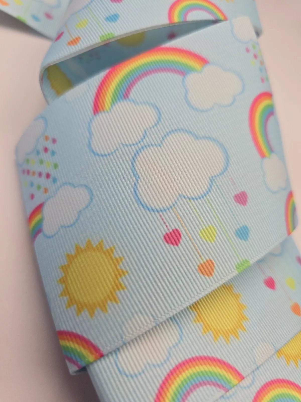 75mm (3 Inch) Grosgrain Patterned Ribbon. Rainbows and sunshines. Rainbow