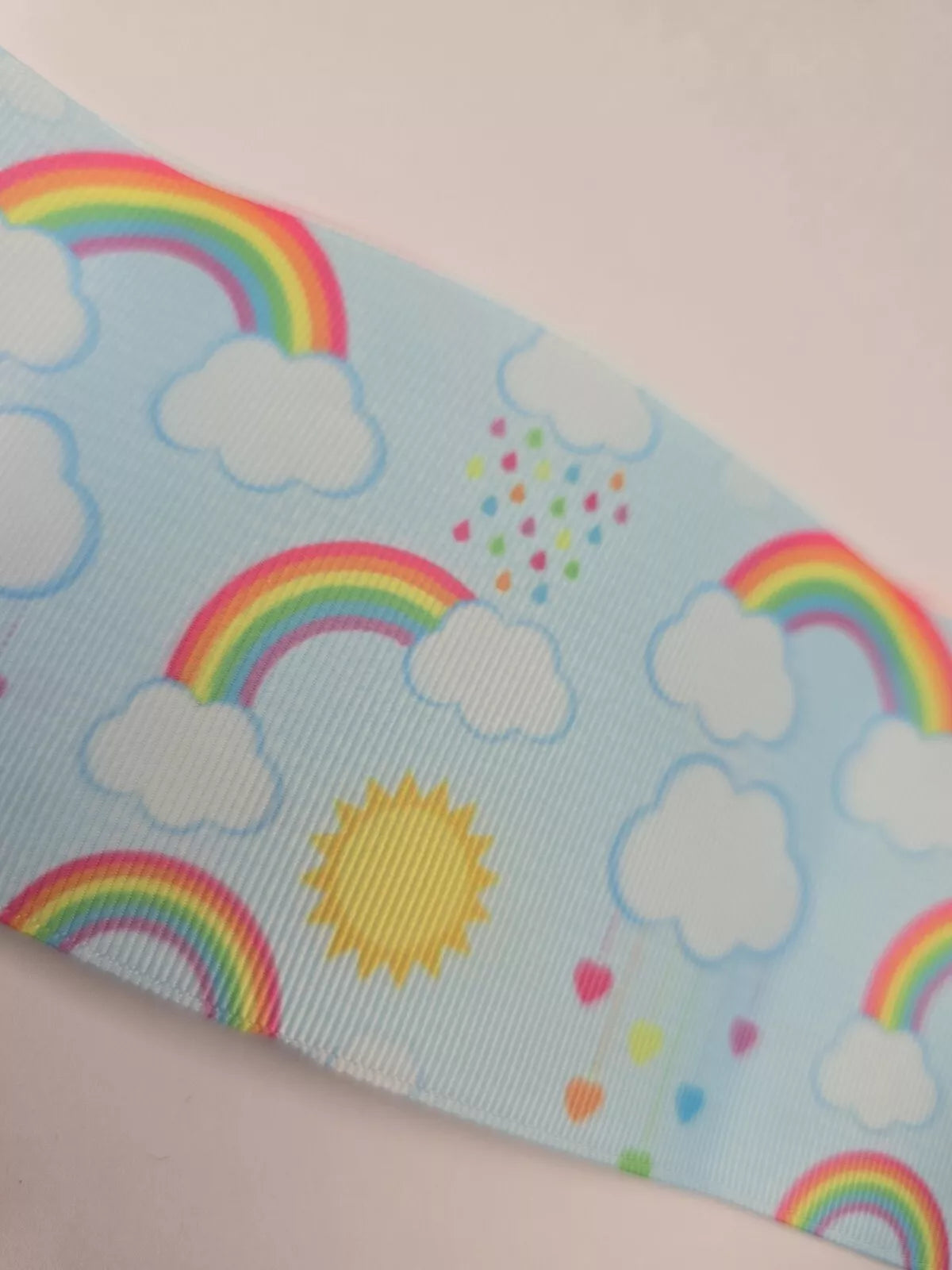 75mm (3 Inch) Grosgrain Patterned Ribbon. Rainbows and sunshines. Rainbow