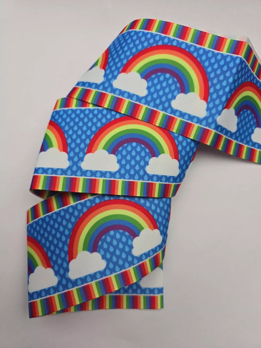 75mm (3 Inch) Grosgrain Patterned Ribbon. Bright Rainbow