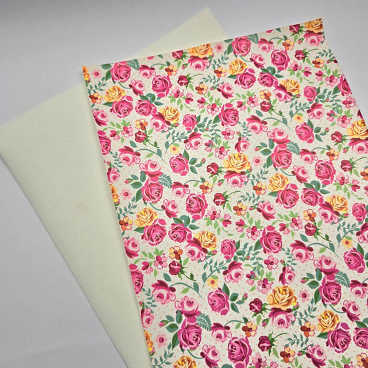 Hair Bow Making Fabric. Soft Faux Leather. Pink Flowers on Cream.