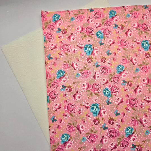 Hair Bow Making Fabric. Soft Faux Leather. Pink Flowers on pink.