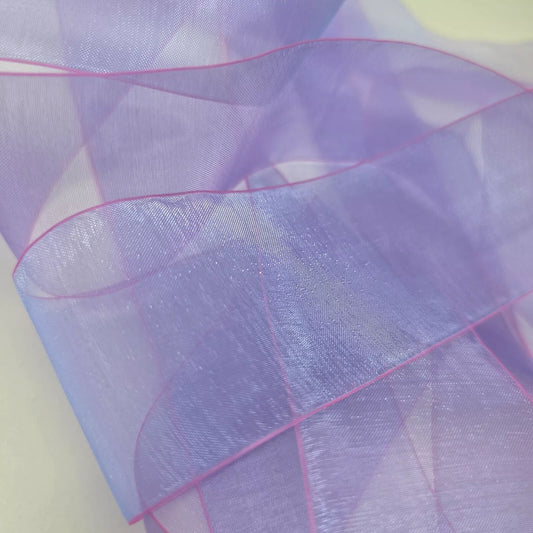 50mm (2 Inch) Organza Ribbon. Princess Shimmer Purple With Pink Edge.