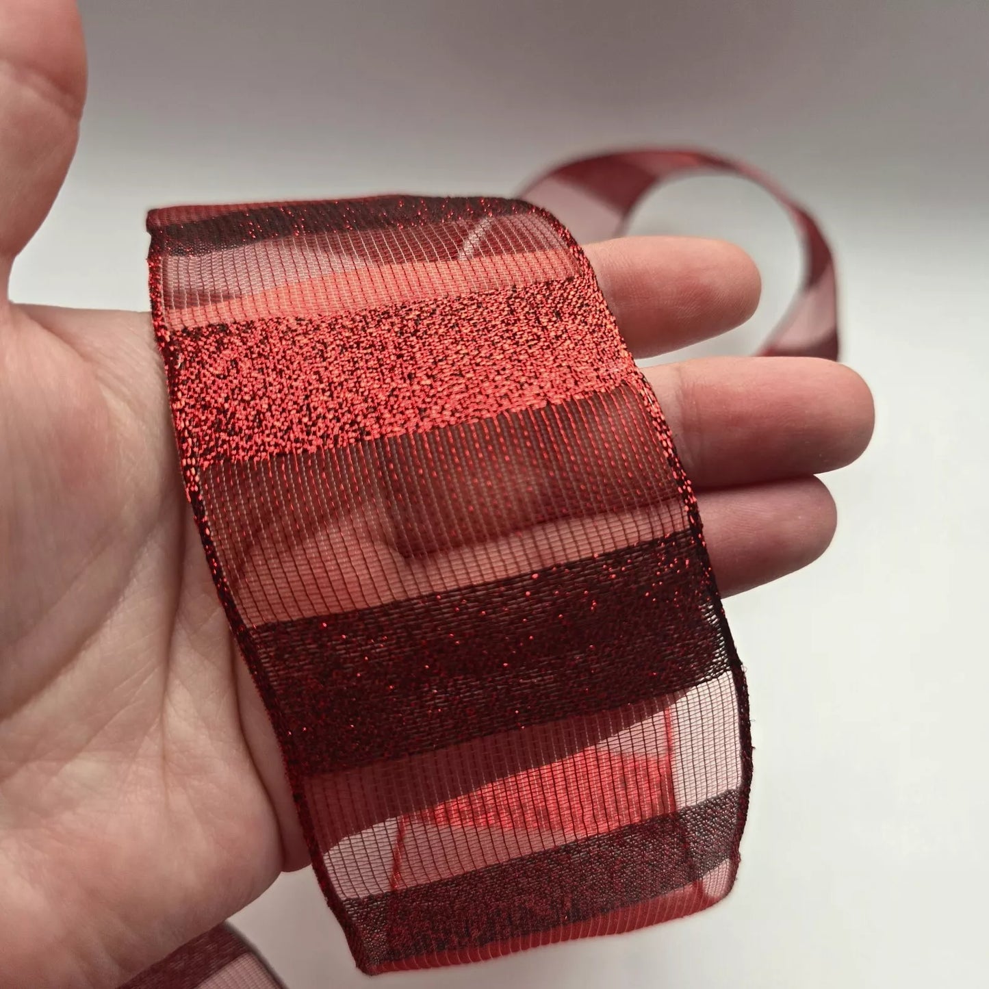 60mm Organza Stripe Mesh Ribbon - ruby slipper red