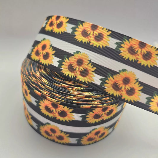 Grosgrain Ribbon 50mm 2inch Ribbon - Sunflowers and Black stripe